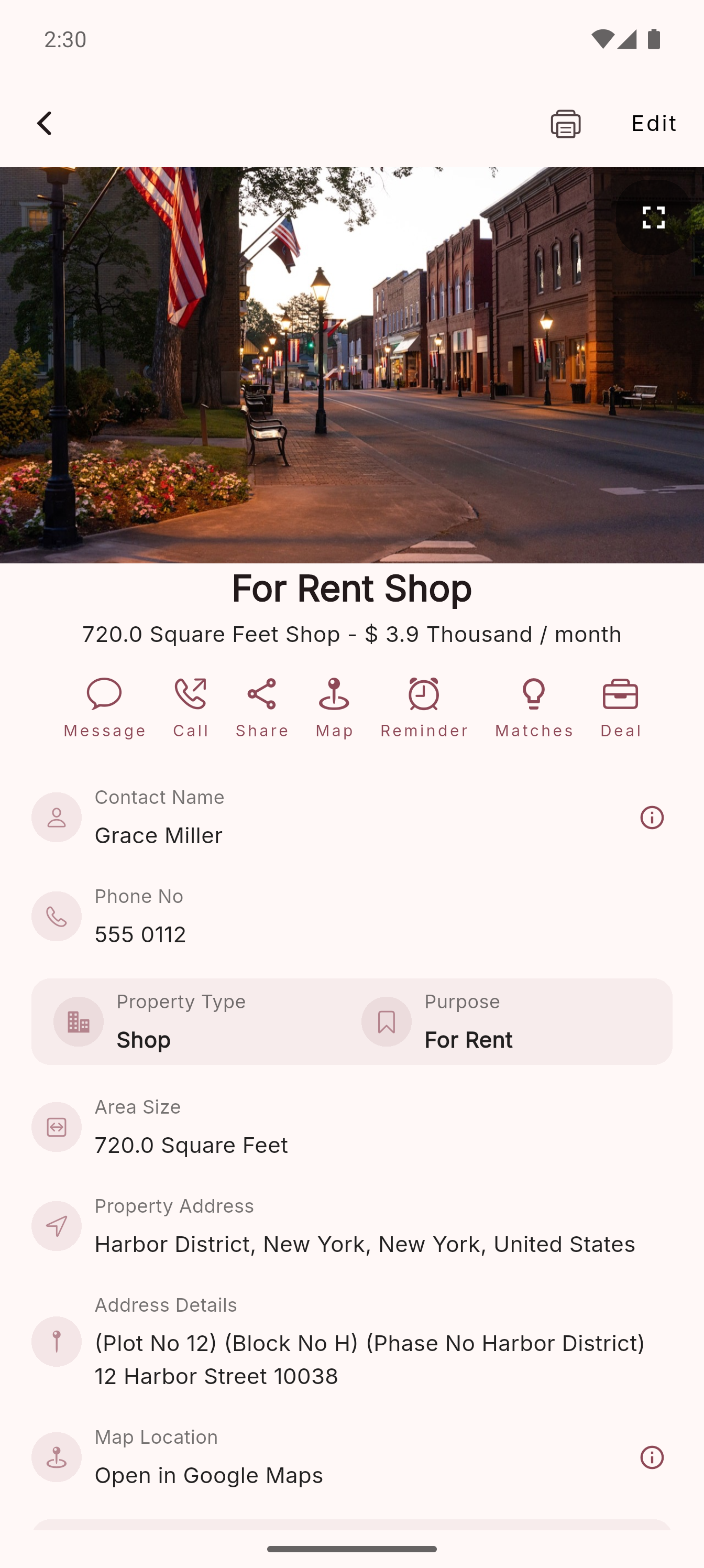 Property detail screen with rent shop price, owner, size, address and action row