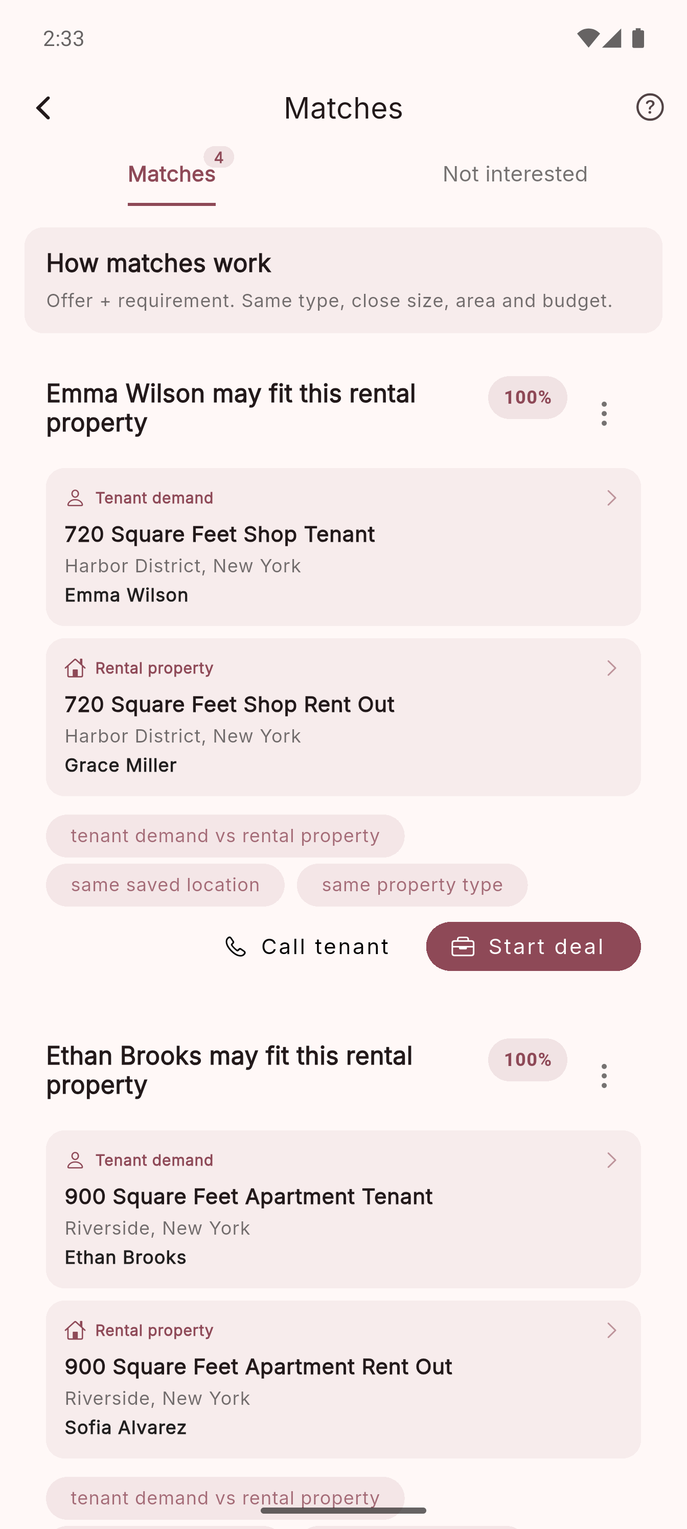 Matches screen showing matching rental demand and rent-out property records