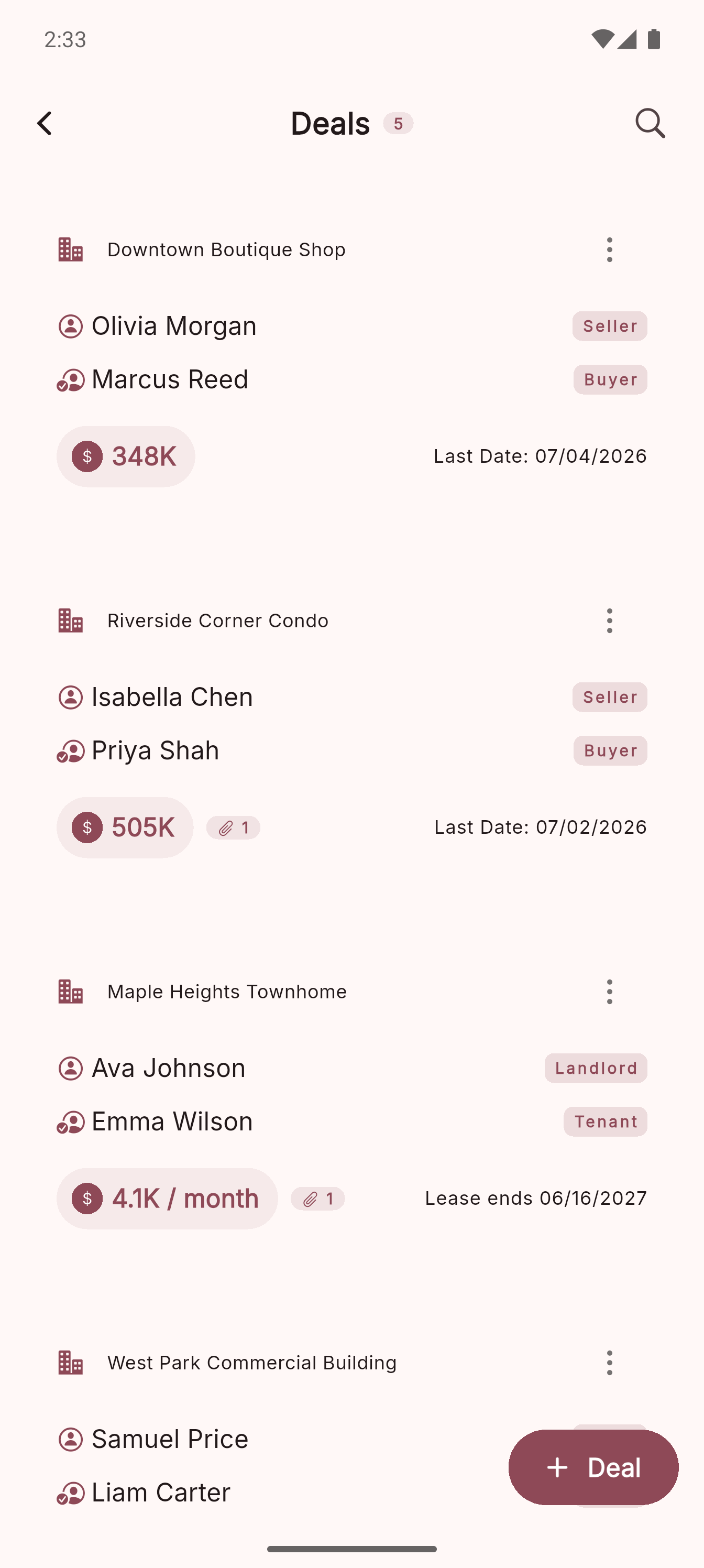 Deals list showing seller, buyer, price, last date and deal status