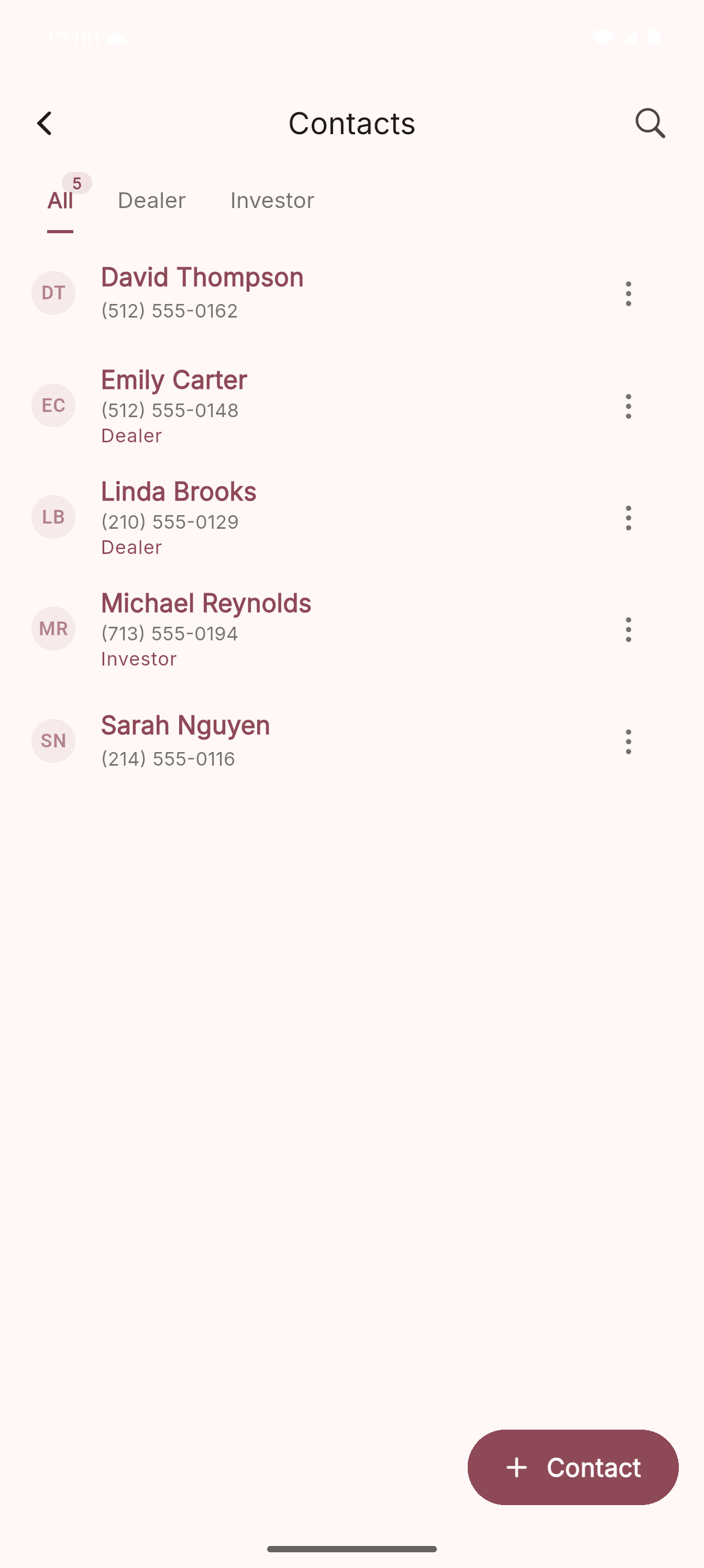 Contacts list with tinted initials