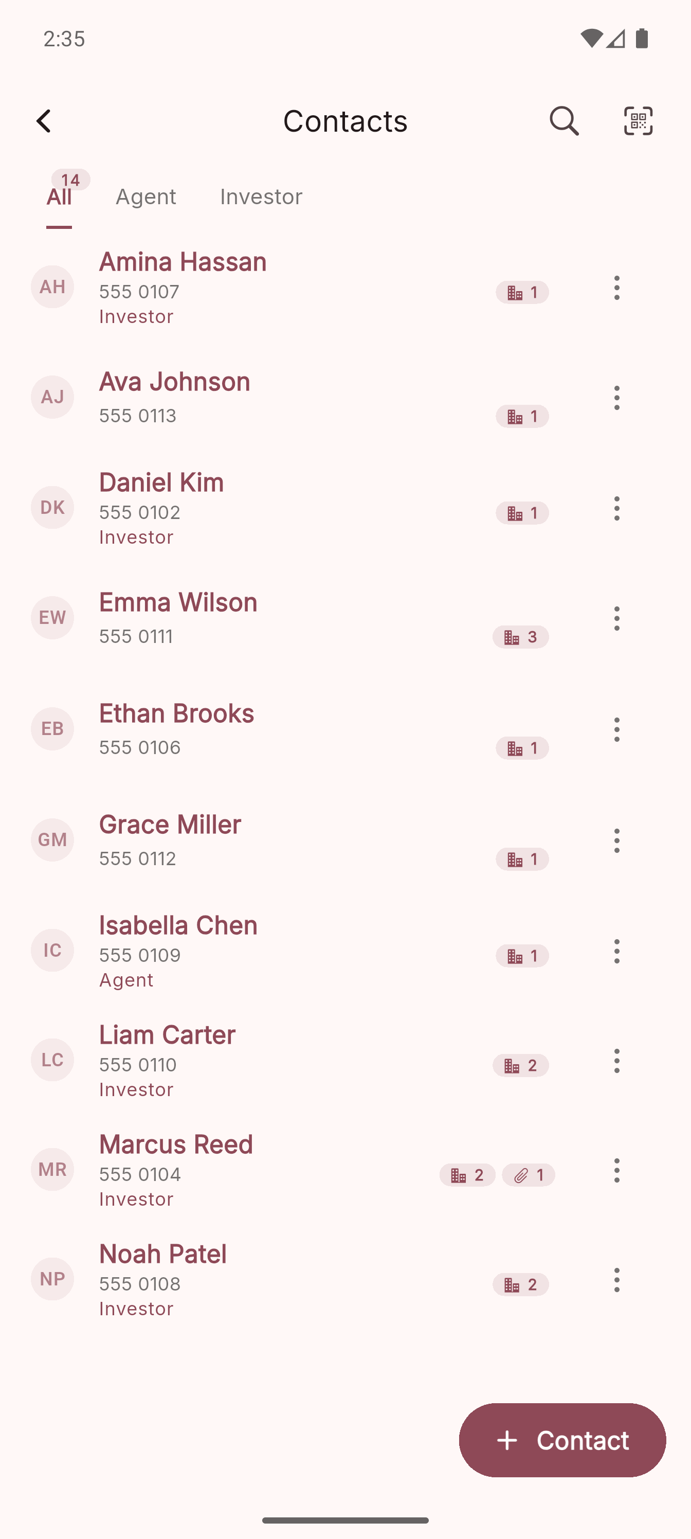 Contacts list with agent and investor tabs and add contact button