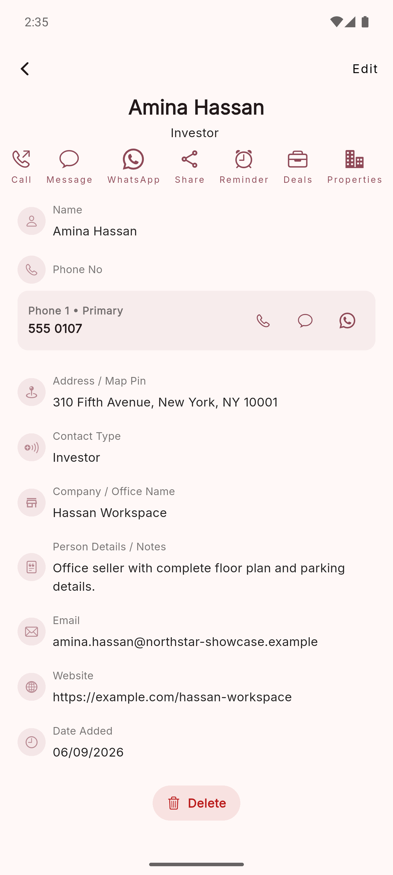 Contact detail screen with phone, WhatsApp, share, reminder, deal and property actions