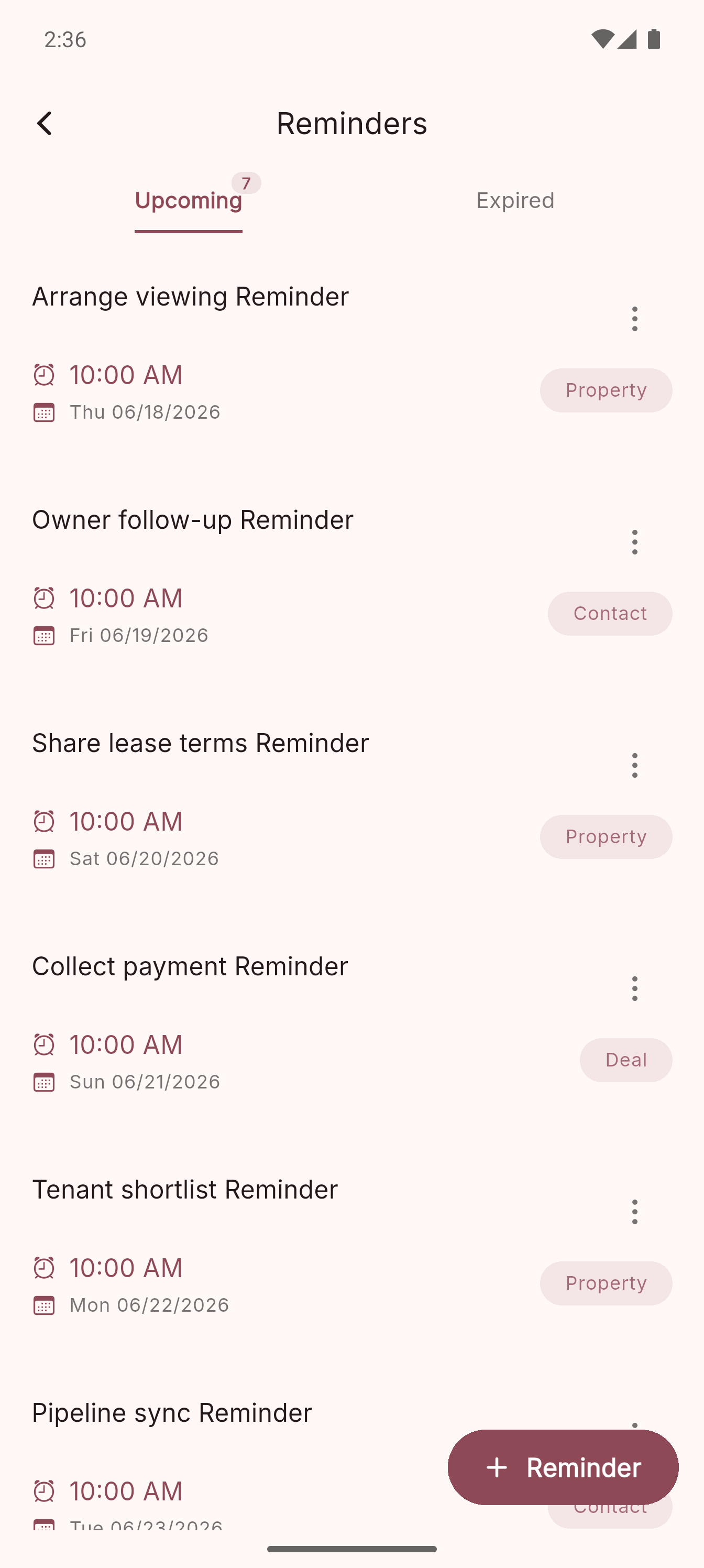 Reminders list with upcoming reminders attached to properties, contacts and deals