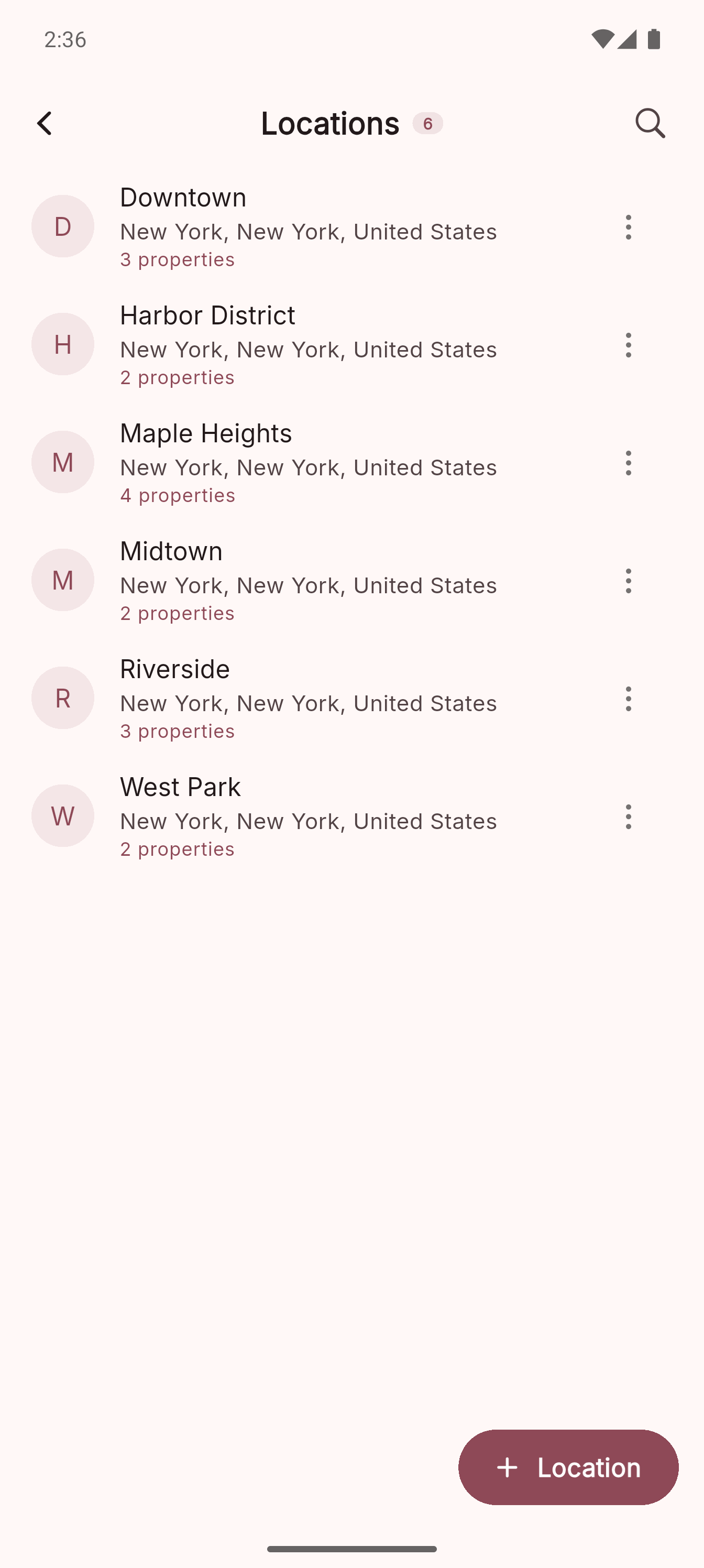 Locations list with saved New York areas and property counts
