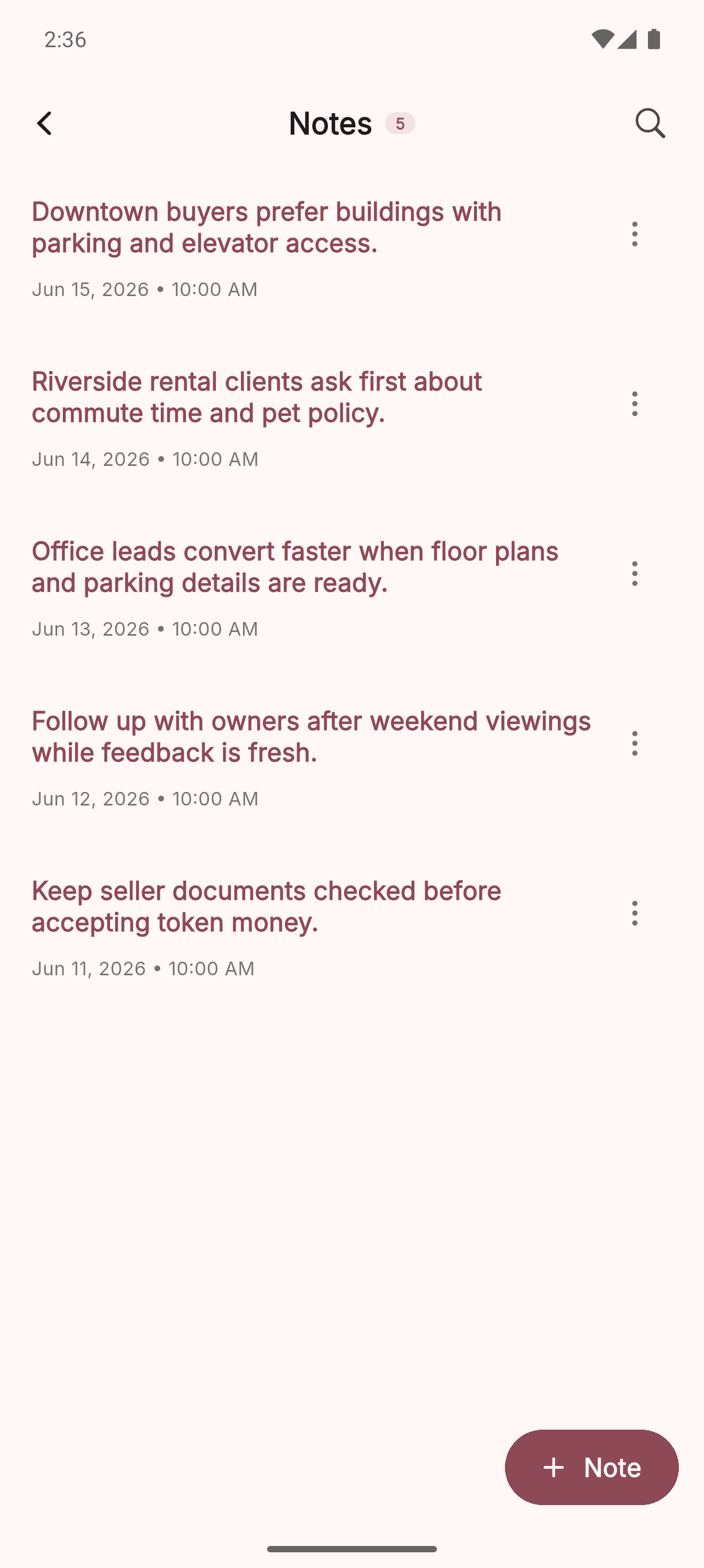 Notes list with dated business notes and add note button