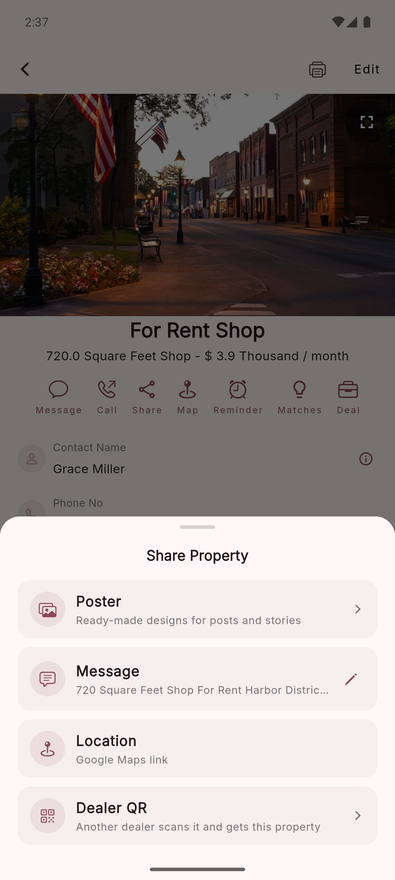 Share property sheet with poster, message, location and dealer QR actions