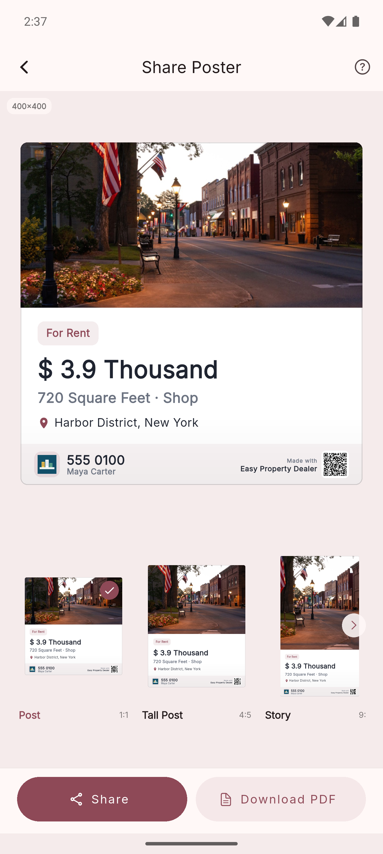 Share poster preview with property image, price, dealer branding, QR and crop options